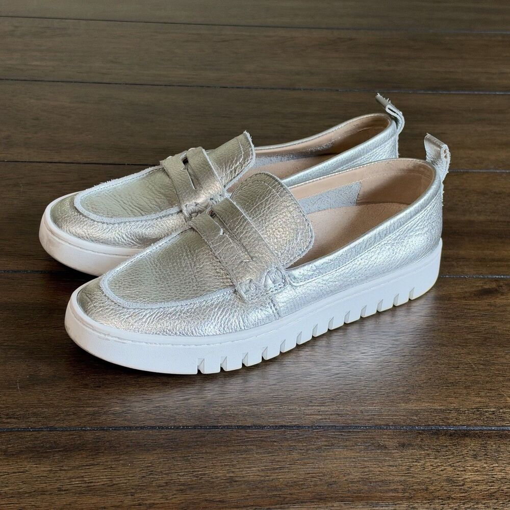 Vionic Uptown Lug Sole Penny Loafer Slip on Comfort Shoe Metal Silver Leather 7